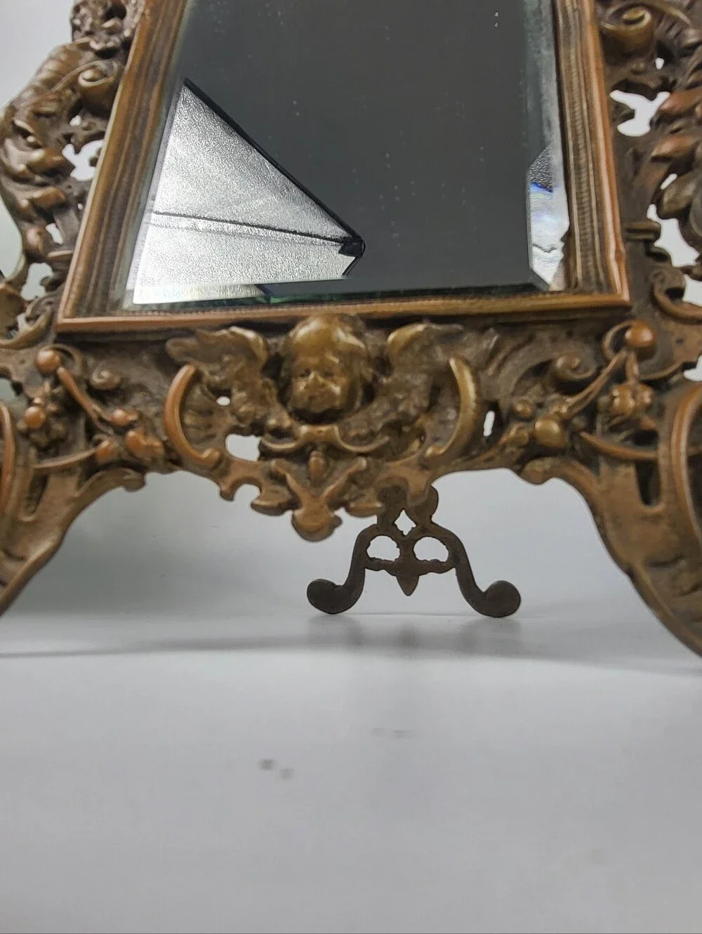 Antique Brass Mirror w/Easel- Late 19th Century High Relief Bacchus Mask Baroque
